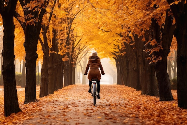 Vrouw fietst langs het schilderachtige herfstpad en geniet van de rit