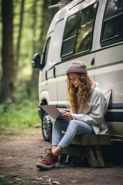 Vrouw freelancer zit op de grond in het bos en werkt online op een moderne laptop op de achtergrond van een reisauto