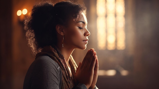 vrouw gebed zittend in de kerk man bidt voor God in de kerk en Jezus geeft zegen Dank je wel