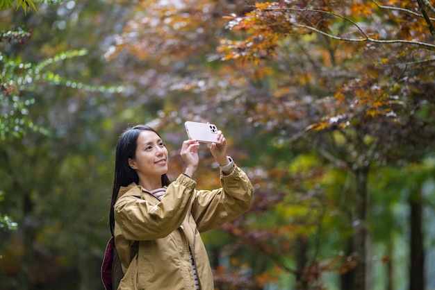 Vrouw gebruikt mobiele telefoon om foto's te maken in het bos in de herfst