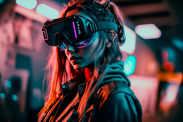 Vrouw gebruikt VR virtual reality Metaverse Technology-concept Generatieve AI