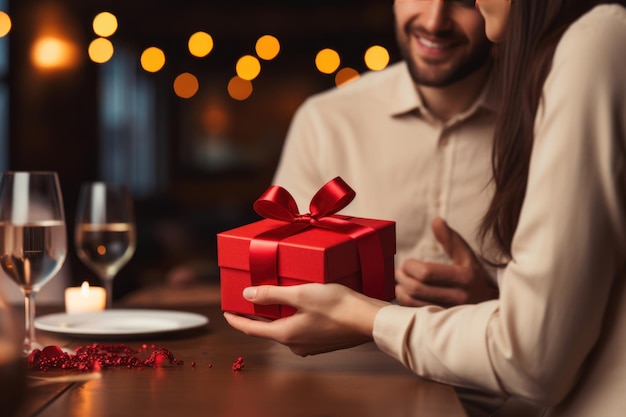 Vrouw geeft rode geschenken aan man Valentijnsdag Kerstmis geeft Xmas tijd