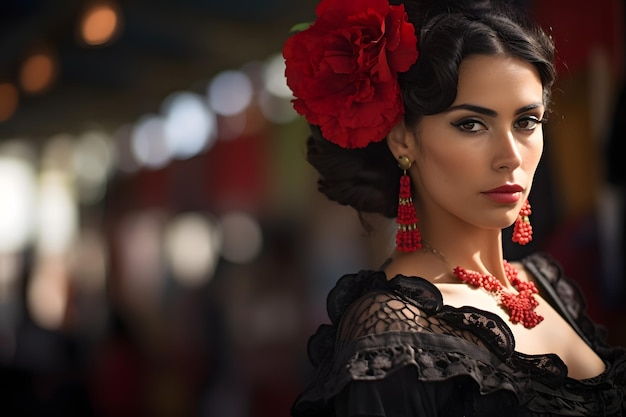 Foto vrouw gekleed als flamenco voor de aprilbeurs in sevilla