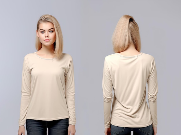 Vrouw, gekleed in een beige T-shirt met lange mouwen Voor- en achteraanzicht