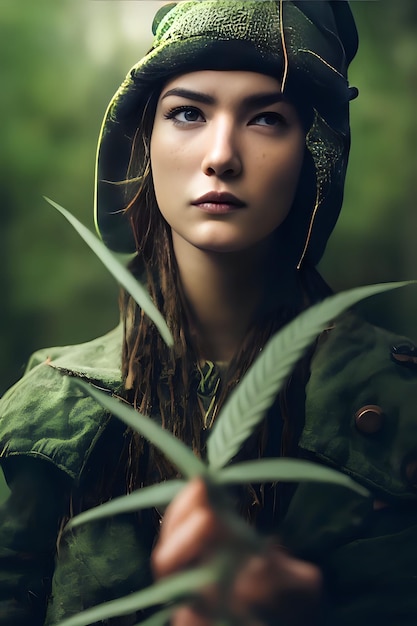 Vrouw gekleed in groen met wietplant