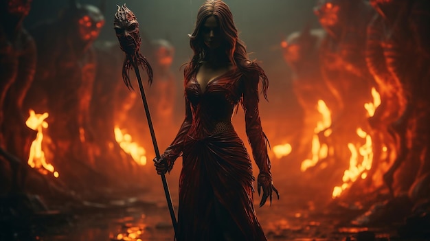 Vrouw gekleed in het rood en vermomd als een demon met een drietand in haar hand en enorme vlammen achter haar