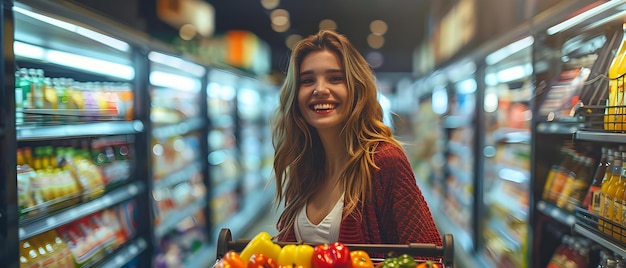 Vrouw gelukkig winkelen met een volle kar in een supermarkt genieten van haar aankopen Concept Supermarkt Winkelen Gelukkige klant Vol kar genieten van aankopen Retail Therapy