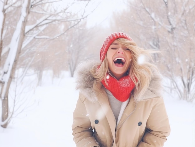 Vrouw geniet op de winterdag in emotionele speelse pose