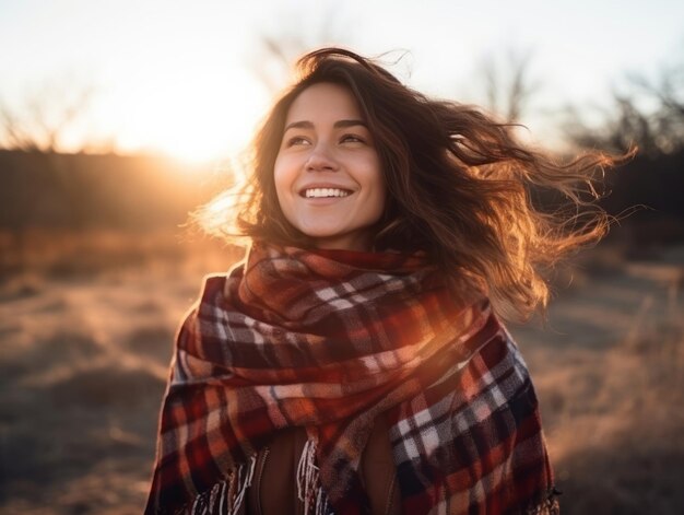 Foto vrouw geniet op de winterdag in emotionele speelse pose