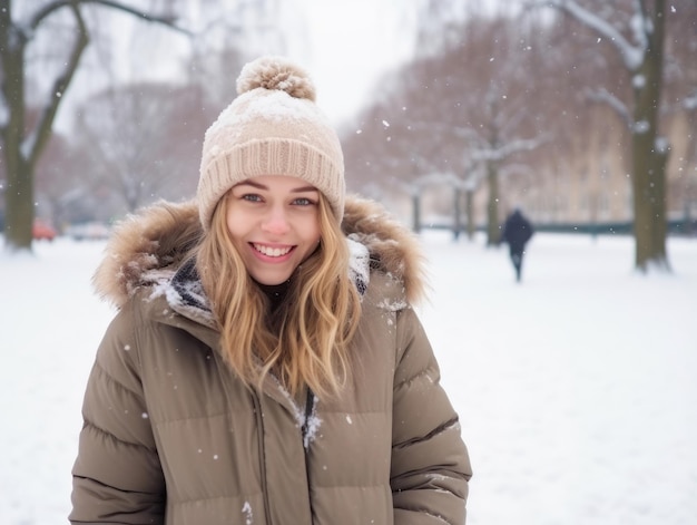 Vrouw geniet op de winterdag in emotionele speelse pose