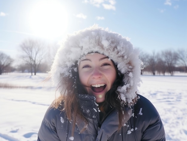 Vrouw geniet op de winterdag in emotionele speelse pose