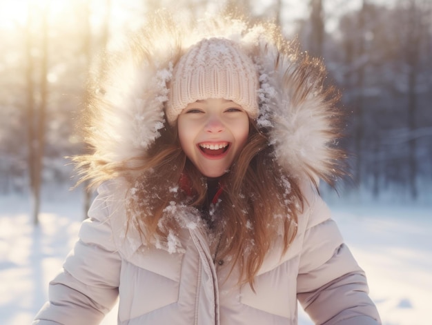 Vrouw geniet op de winterdag in emotionele speelse pose
