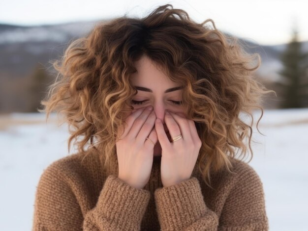 Vrouw geniet op de winterdag in emotionele speelse pose