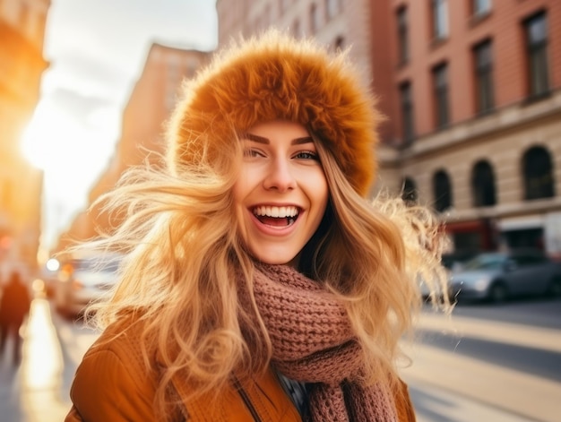 Vrouw geniet op de winterdag in emotionele speelse pose