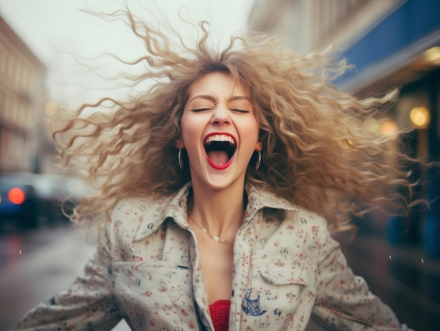 Vrouw geniet op de winterdag in emotionele speelse pose