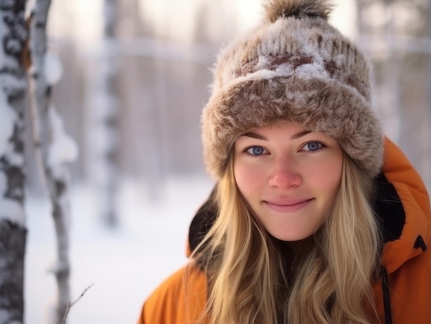 Vrouw geniet op de winterdag in emotionele speelse pose