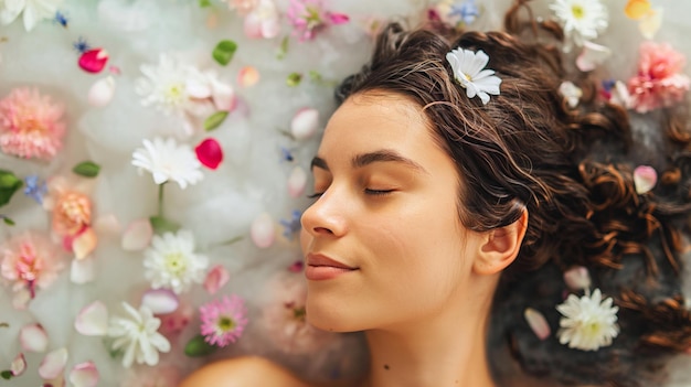 Vrouw geniet van een aromatisch bad met bloemblaadjes Geachte ontspanning