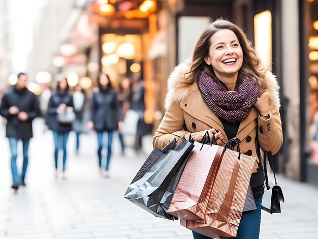 Foto vrouw geniet van een dagje winkelen en black friday