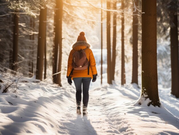 Vrouw geniet van een ontspannen wandeling in de winterdag