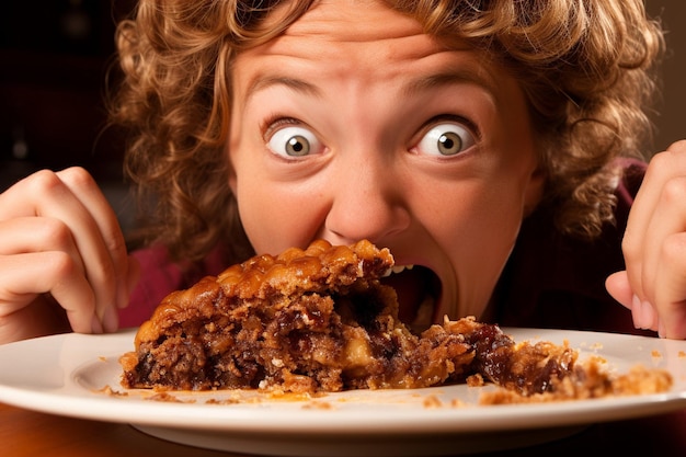 Foto vrouw geniet van een stuk klassieke citroen meringue pie