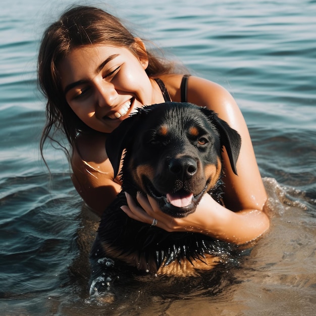 Vrouw geniet van een zomerse dag op het strand met haar rottweiler generatieve ai