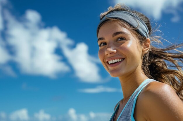 Vrouw geniet van ochtend joggen onder blauwe lucht