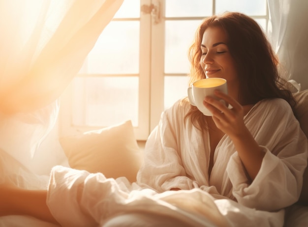 Vrouw genieten van ontbijtkoffie