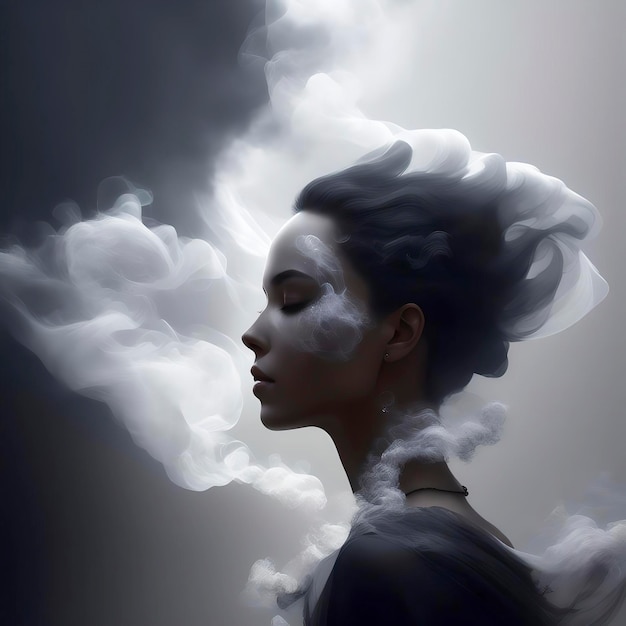 Vrouw gezicht met bedekt door rook op grijze achtergrond