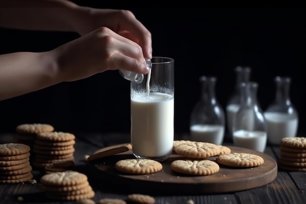 Foto vrouw giet melk in het glas en ronde koekjes op houten tafel