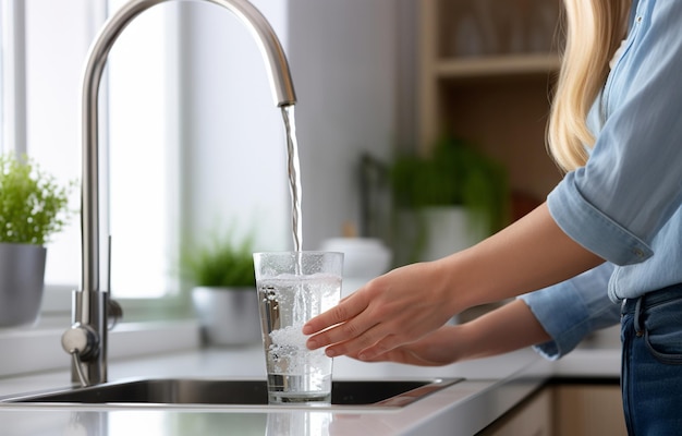 Vrouw glas vullen met kraanwater uit de kraan in de keuken close-up