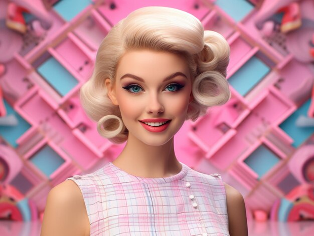 Foto vrouw glimlach barbie world scènes blond haar barbie make-up roze en witte vierkanten jurk