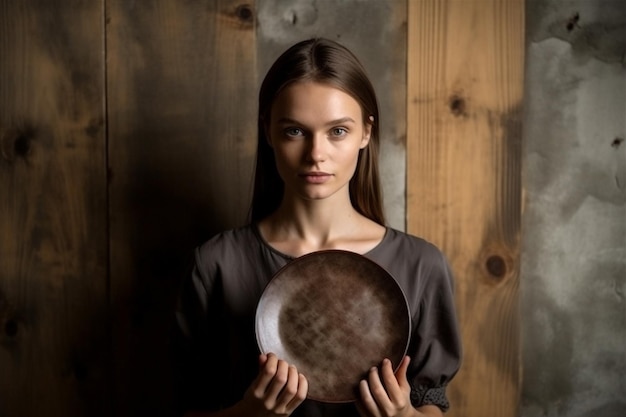 Vrouw glimlach ober binnenshuis professionele holding voedsel restaurant staande baan portret Generatieve AI