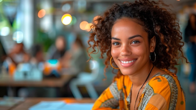 Vrouw glimlacht aan tafel Generatieve AI