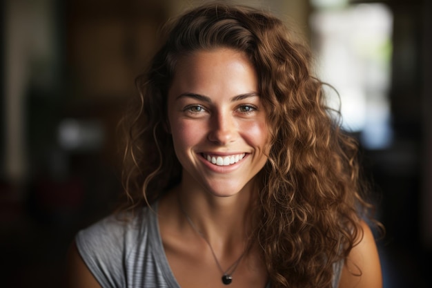 Vrouw glimlacht en kijkt naar de camera.