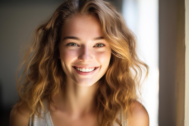 Vrouw glimlacht en kijkt naar de camera.