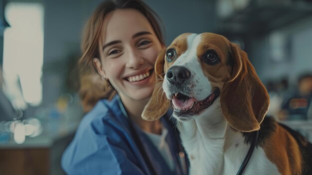 Vrouw glimlacht en knuffelt hond