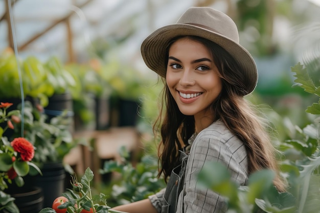 Vrouw glimlacht in de kas met planten