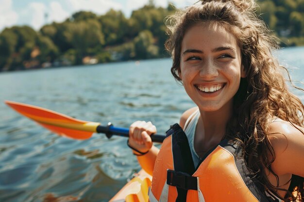 Foto vrouw glimlacht in kajak