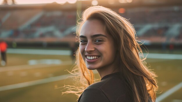 Vrouw glimlacht op een voetbalveld