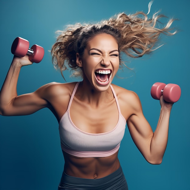 Vrouw glimlacht terwijl ze een stoot geeft met dumbbells Ai generatief