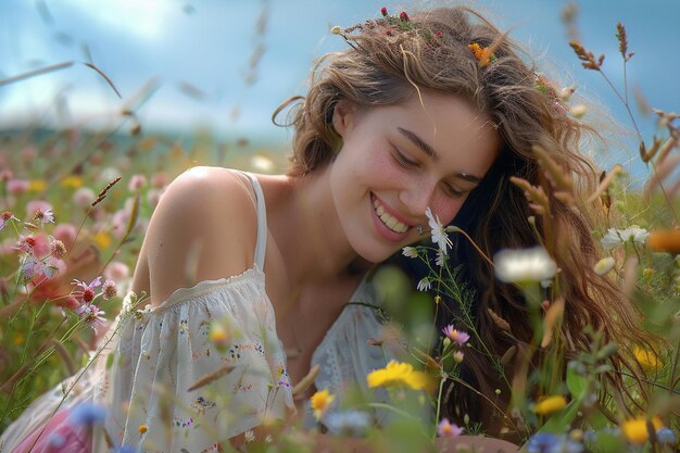 Vrouw glimlacht terwijl ze wilde bloemen plukt in een weide