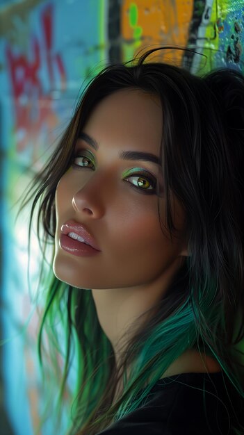 vrouw groen haar ogen voor graffiti muur getalenteerd uit mayonaise tiener cyborg eeuwige schoonheid close-up