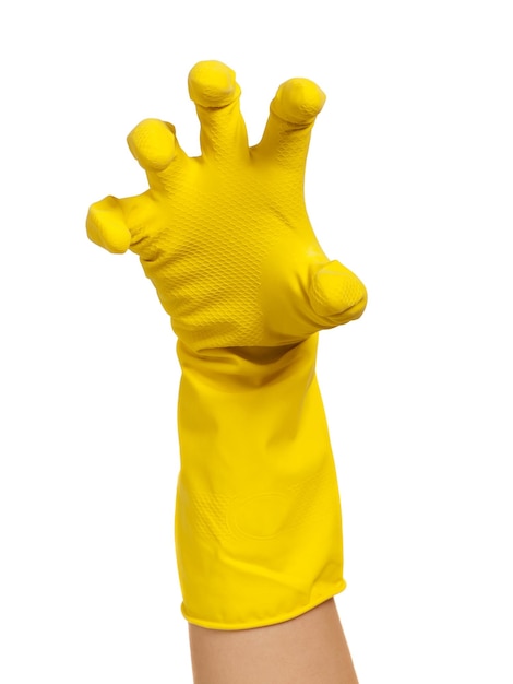 Vrouw hand in gele handschoen geïsoleerd op witte achtergrond