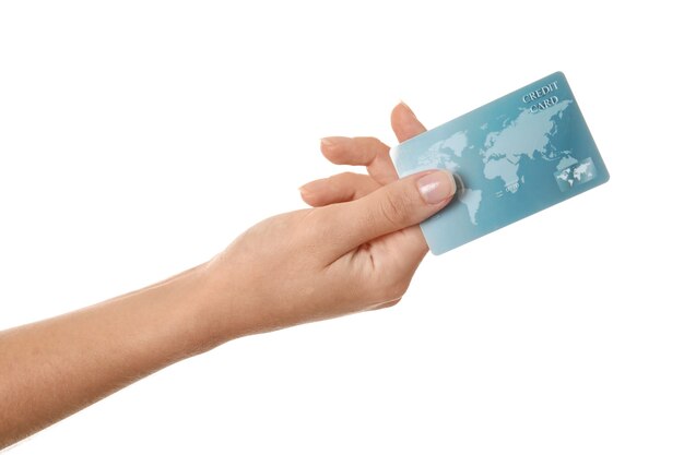 Vrouw hand met creditcard geïsoleerd