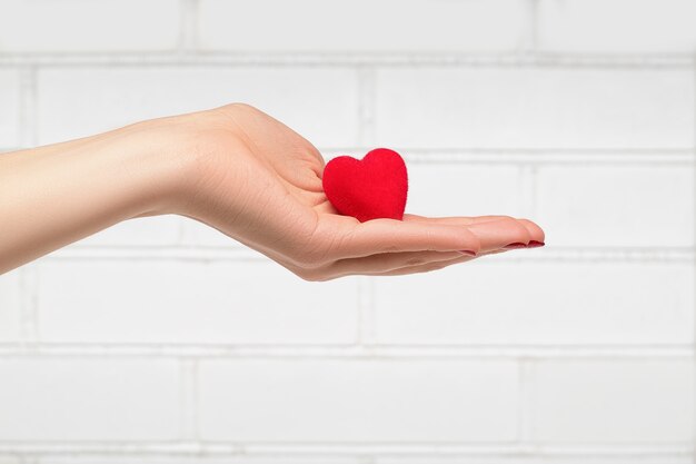 Vrouw hand met een rood hart voor witte muur.