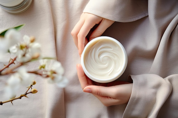 Vrouw hand met fles crème boven tafel met cosmetische producten bovenaanzicht