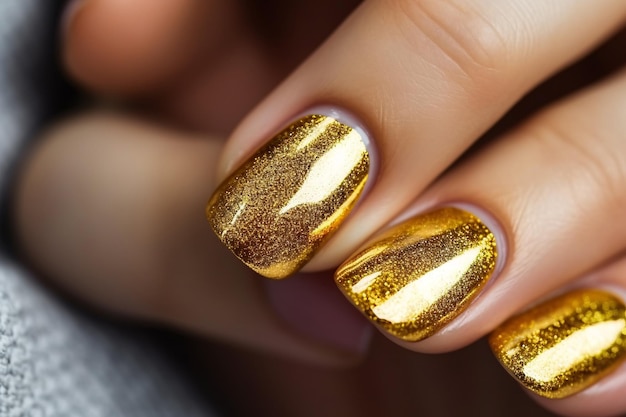 Vrouw hand met gouden gele nagellak op haar nagels Gouden nagellak met gel