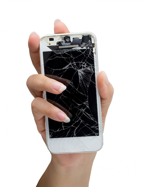 Vrouw hand met smartphone met gebroken scherm