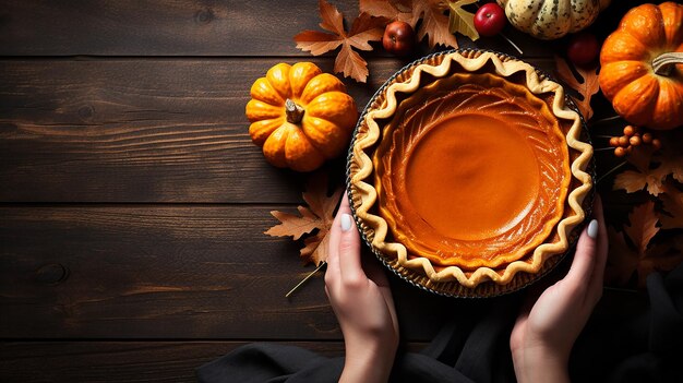 Vrouw hand met traditionele Thanksgiving taart met pompoenen