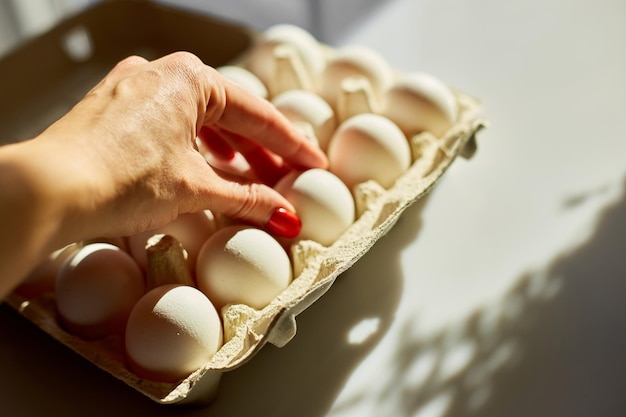 Vrouw hand nemen ei uit kartonnen doos eieren op witte achtergrond